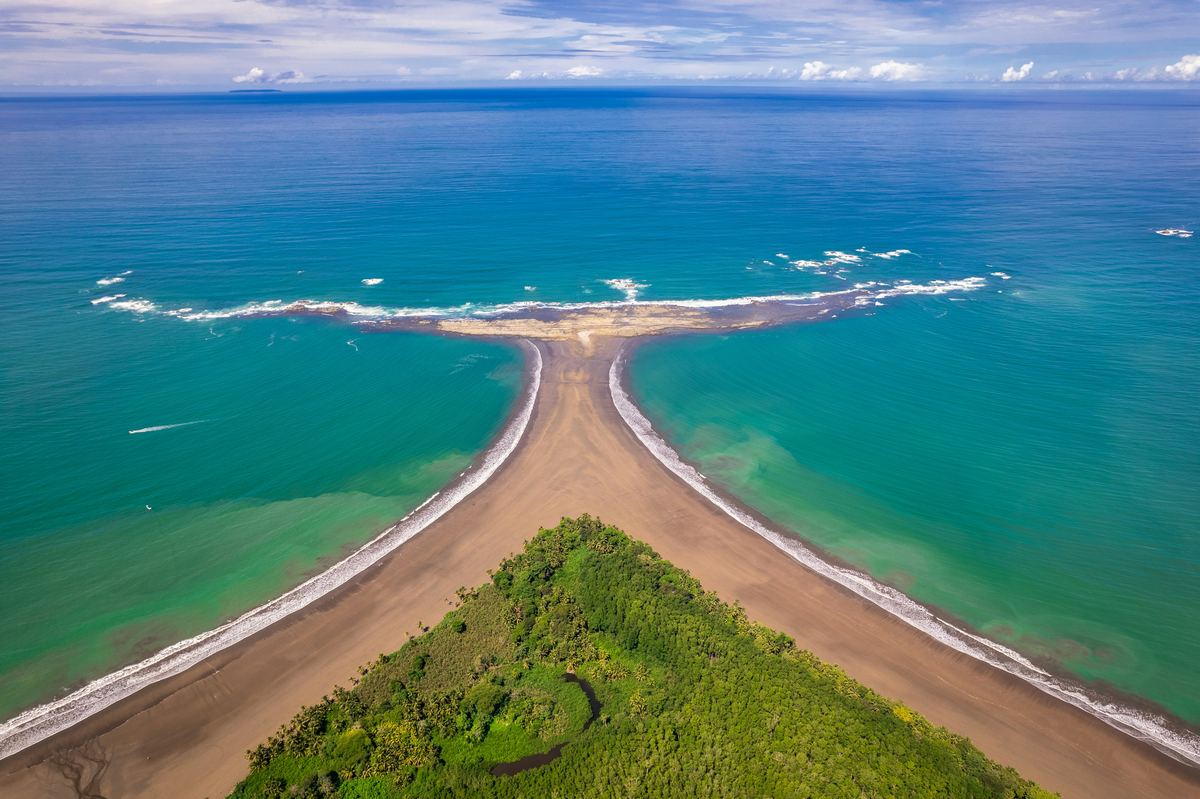 Aerial view of the whale-tail sandbar at Bahía Ballena, South Pacific, Costa Rica