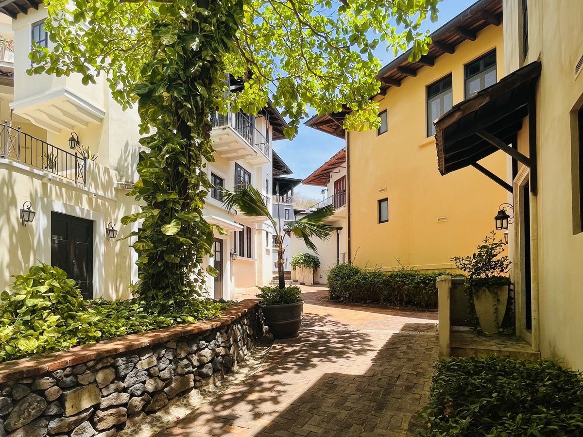 Sunlit colonial-style streets of Las Catalinas, Guanacaste, Costa Rica