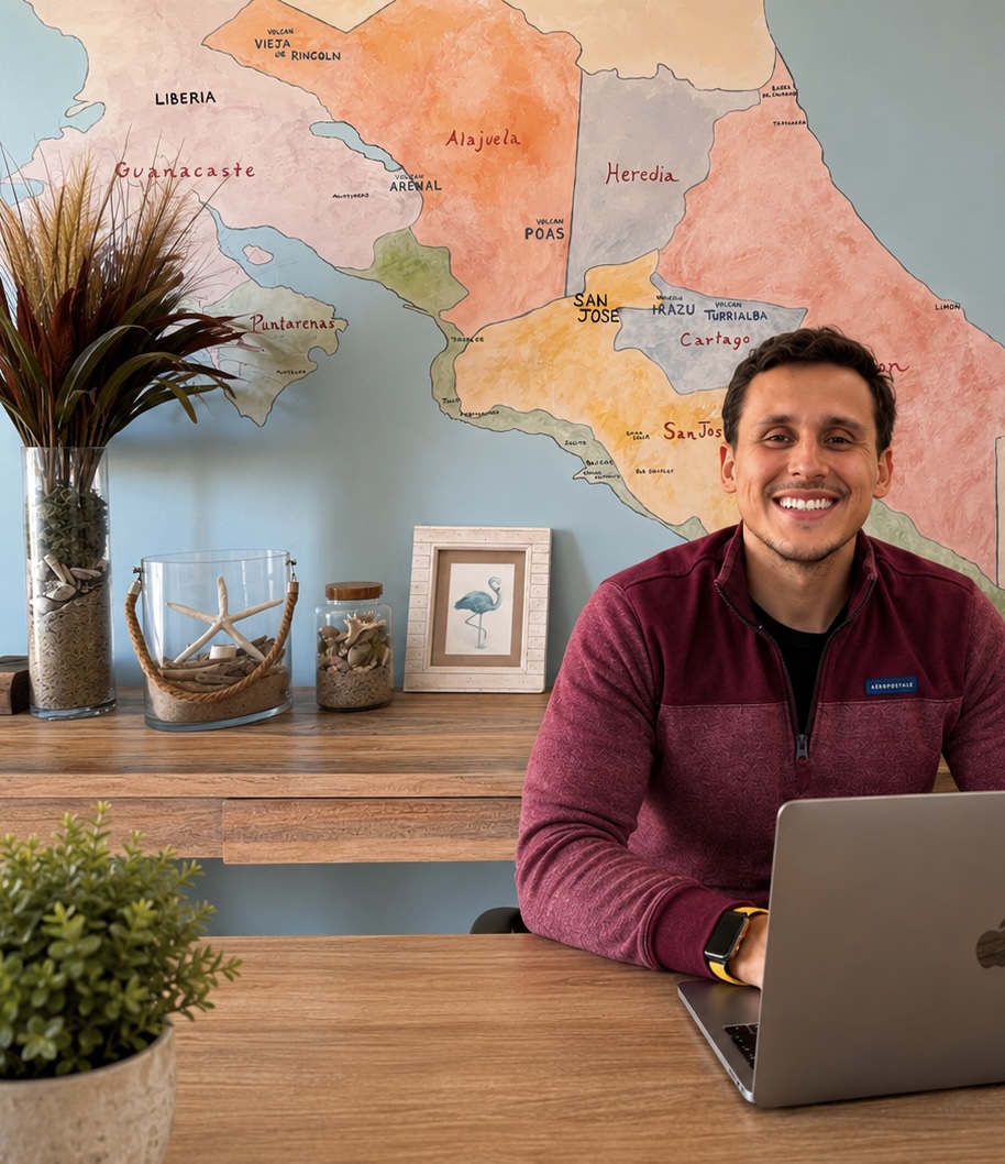 Jazi, founder of Costa Rica Move Hub, at his desk in front of a hand-painted map of Costa Rica