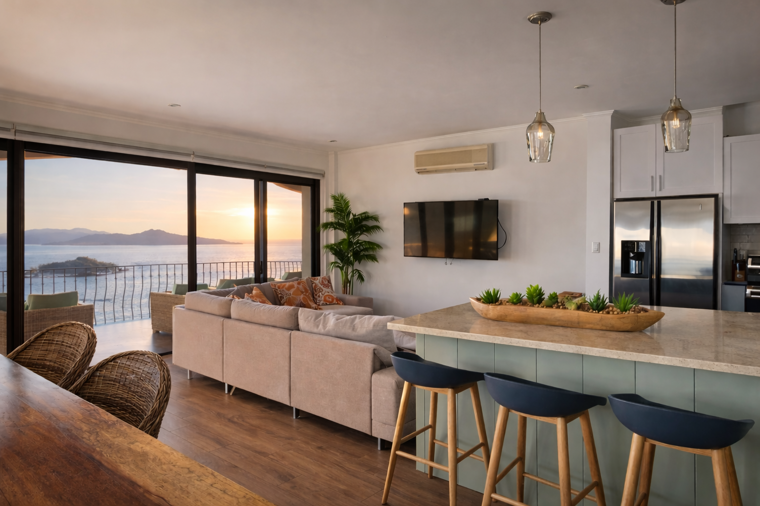 Modern Costa Rican living room with an ocean sunset view