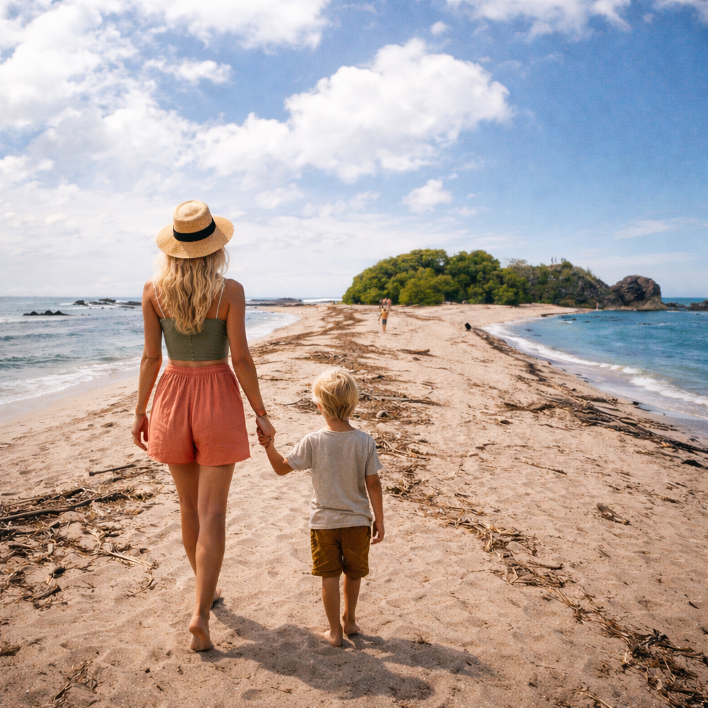A mother and young son walking a quiet Costa Rican beach